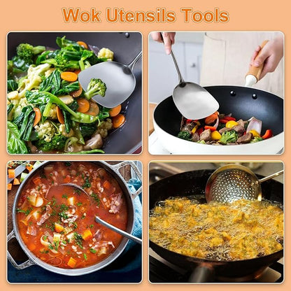 FJNATINH 4-Pieces 304 Stainless Steel Wok Spatula Set,Cooking Utensil Set,Soup Ladle Colander,Nonstick Kitchen Cooking Utensils Set with Spatula,Kitchenware Tools