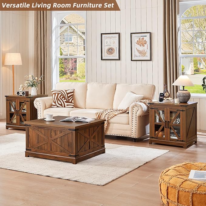Farmhouse Coffee Table Set, 3 Pieces: Large End Side Tables with Charging Station and Coffee Table with Hidden Storage Compartment, Brown Wood Furniture Sets for Home Office