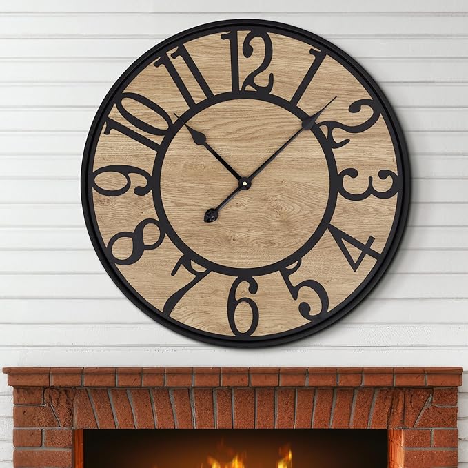 Maxstar Wall Clock for Living Room,Silent Rustic Farmhouse with Arabic Numeral, Battery Operated Wall Clocks Decorative for Bedroom Office Home Decor 16inch Black