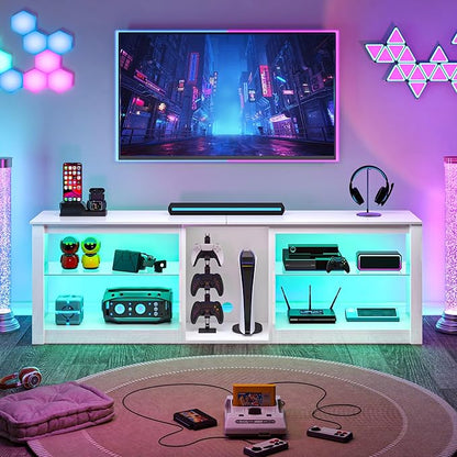 Clikuutory Modern 63 inch TV Stand with LED Lights for 50 55 60 65 70 75 inch TVs, High Gloss Entertainment Center for PS5, TV Cabinet with Glass Shelves for Living Room, Bedroom, Bright White