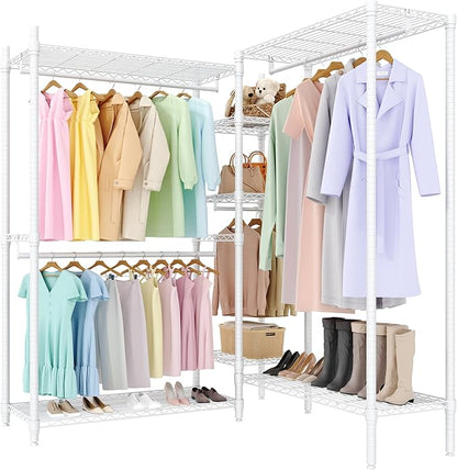 1630 LBS Heavy Duty Clothes Rack with Adjustable Shelves, 5 Tiers L-Shaped Freestanding Closet Organizer and Storage for Hanging Clothes, 85.4" W x 17.4" D x 70.5" H
