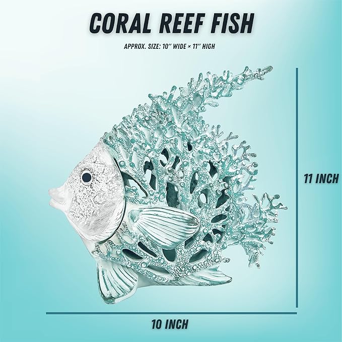 Ocean Decor Coral Reef Angelfish Sculpture Beach Home Decor Coastal Coral Look Tabletop Collection 12 in x 11 in (Seafoam)