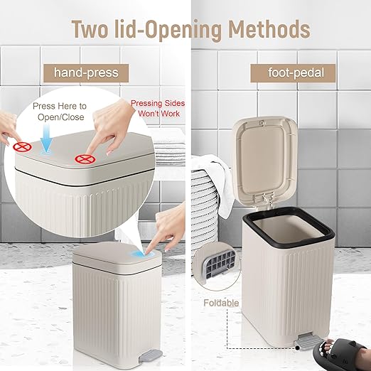 rejomiik Small Bathroom Trash Can with Lid Slim Soft Close Garbage Can Step Wastebasket Container Trash Bin for Office Bedroom Kitchen Living Room (1.9 Gallon Cream)