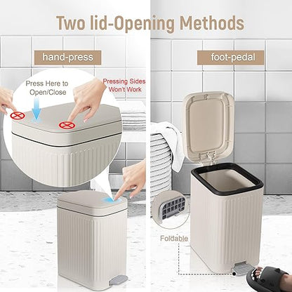 rejomiik Small Bathroom Trash Can with Lid Slim Soft Close Garbage Can Step Wastebasket Container Trash Bin for Office Bedroom Kitchen Living Room (2.6 Gallon Cream)