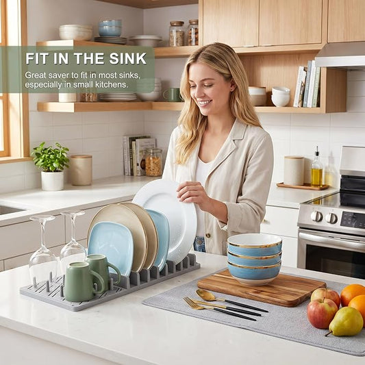2-in-1 in Sink Dish Drying Rack with Dish Drying Mat,Space-Saving Dish Rack for Kitchen Counter,Foldable Dish Drying Mat with Rack,Quick Dry Dish Drainers for Kitchen Sink (Grey White)