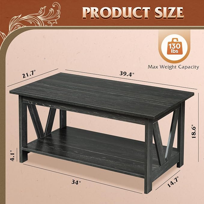 WLIVE Coffee Table with Storage Shelf, 39.4" Farmhouse Coffee Table with V-Frame Support, 2-Tier Wood Rustic Center Table for Living Room, Bedroom & Balcony, Charcoal Black