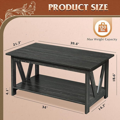 WLIVE Coffee Table with Storage Shelf, 39.4" Farmhouse Coffee Table with V-Frame Support, 2-Tier Wood Rustic Center Table for Living Room, Bedroom & Balcony, Charcoal Black
