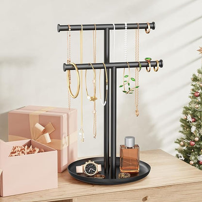 Necklace Rack Stand with Storage Tray - 2 Rods T-Shaped Jewelry Holder Stand for Bracelets, Earrings, Rings | Elegant Vanity & Dresser Top Storage for Women, Black.