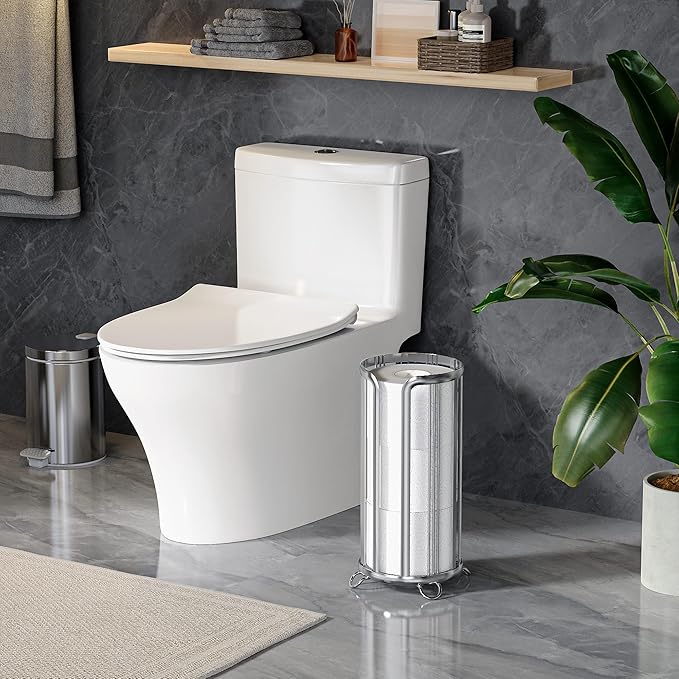 Toilet Paper Holder Stand, Freestanding Bathroom Tissue Organizer, Minimalistic Storage Solution, Reserve Mega Rolls,Stylish Bathroom Floor Toilet Paper Stand Silver