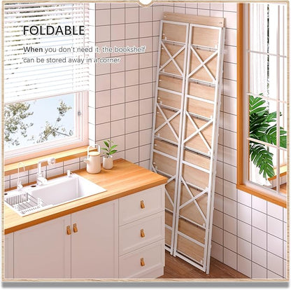 4NM 7 Tiers No Assembly Book Shelves, 72.4" H Folding Bookshelf Bookcase Open Industrial Foldable Shelves for Bedroom, Living Room, Home Office - Natural White