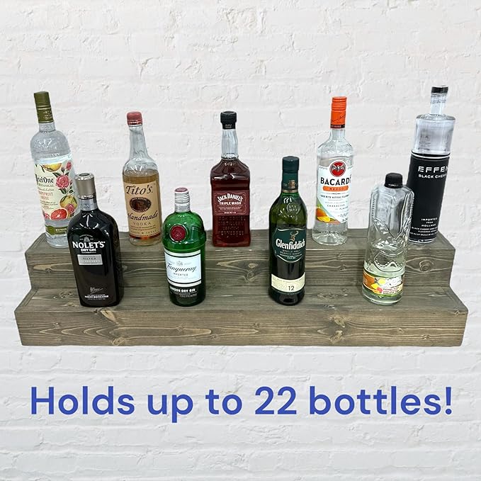 Tiered Bottle Shelf | 2 Tier Liquor Bottle Display | Bar Organization | Weathered Grey, 18" W x 4.25" D