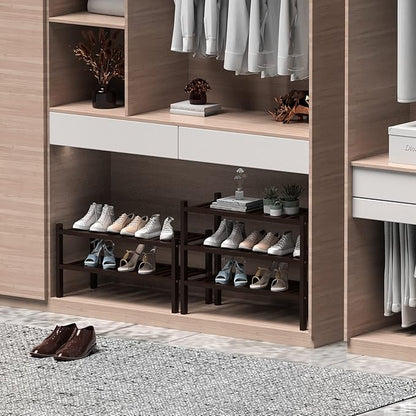 2 Tier (Thick) Bamboo Shoe Rack for Closet Free Standing Wood Shoe Shelf for Entryway Small Space Stackable 27"x12"x14" (Black Brown)