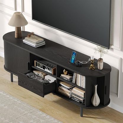 63" Mid-Century TV Stand with Power Outlet, Fluted Entertainment Center with Storage and Drawer, TV Console with Sliding Door and Adjustable Shelves, TV Stand up to 80" for Living Room, Black