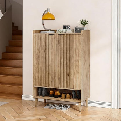 Smuxee Oak Shoe Cabinet with Fluted Doors, 6-Tier Shoe Storage Cabinet with Adjustable Shelves, Freestanding Shoe Organizer Cabinet for Entryway, Hallway, Closet, Living Room