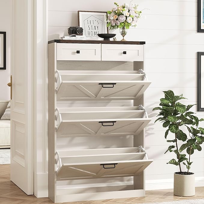 Shoe Cabinet with 3 Flip Drawers & 2 Drawers,Freestanding Shoe Storage Cabinet for Entryway,Farmhouse Narrow Slim Organizer Rack for Foyer,Hallway,White