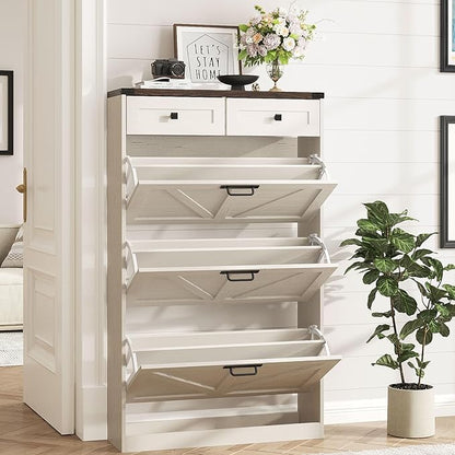 Shoe Cabinet with 3 Flip Drawers & 2 Drawers,Freestanding Shoe Storage Cabinet for Entryway,Farmhouse Narrow Slim Organizer Rack for Foyer,Hallway,White