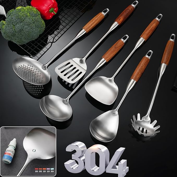 18/10 Stainless Steel Cooking Utensils with Wooden Handle, 6 PCS Stainless Steel Kitchen Utensils 12.5"-14", Wok Spatula, Ladle, Skimmer, Slotted Spatula Turner, Spaghetti Spoon, Large Spoon