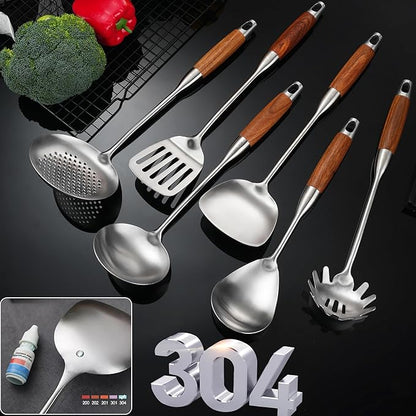 18/10 Stainless Steel Cooking Utensils with Wooden Handle, 6 PCS Stainless Steel Kitchen Utensils 12.5"-14", Wok Spatula, Ladle, Skimmer, Slotted Spatula Turner, Spaghetti Spoon, Large Spoon