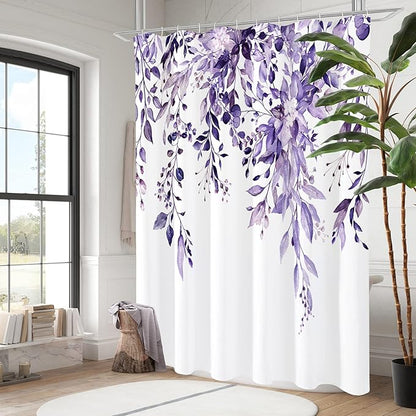 Gibelle Long Shower Curtain 72 x 78, Purple Floral Shower Curtain for Bathroom, Watercolor Plant Eucalyptus Leaves Fabric Shower Curtain Set