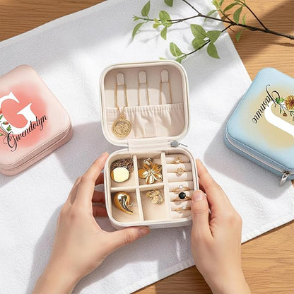 Custom Leather Jewelry Box w/Name & Birth Flower Month - Birthday Gifts for Women, Personalized Jewelry Travel Case - Customized Jewelry Organizer Box, Mom Birthday Gifts