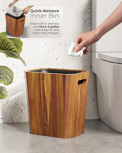 BLUEWEST 2.6 Gallons Acacia Wooden Bathroom Trash Can with Lid & PP Liner – Small Wastebasket with Handle, Decorative Wood Bin for Bedroom, Office or Under Counter Use