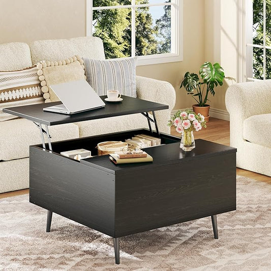 HUAHUU Lift Top Coffee Table, 31.5" Square Coffee Tables with Storage, Coffee Table with Large Hidden Compartment, Center Table with Lifting Tabletop, for Living Room, Black