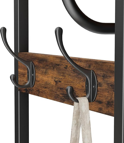 Coat Rack With Hanging Rod, Garment Rack With 3 Wooden Shelves and 4 Hooks, Freestanding Hall Tree, Industrial Clothes Rack Stand Organizer, Rustic Brown and Black