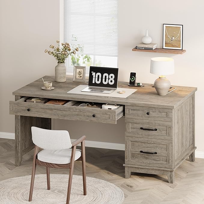 53.5" Farmhouse Home Office Desk with File Cabinet, Wooden Executive Desk with Power Outlet, Work Desk with Drawers, Traditional Wood Desk for Home and Office, Gray