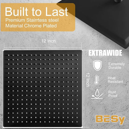 BESy 12 Inch Rain Shower Head, 12" Square Rainfall & High Pressure Stainless Steel Bath Showerhead, 1/16" Ultra Thin, Waterfall Full Body Coverage with Silicone Nozzle, Matte Black Finish