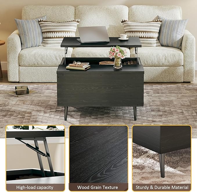 HUAHUU Lift Top Coffee Table, 31.5" Square Coffee Tables with Storage, Coffee Table with Large Hidden Compartment, Center Table with Lifting Tabletop, for Living Room, Black