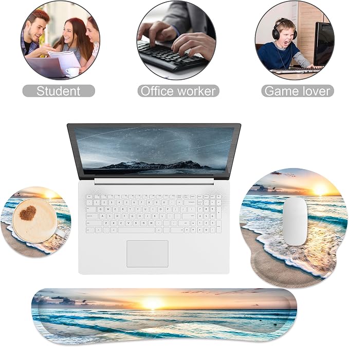 Ergonomic Mouse Pad with Wrist Rest and Keyboard Wrist Rest, Mousepad and Wrist Rest for Computer Keyboard, Pain Relief, Non-Slip Rubber Base, Mouse Pad with Wrist Support for Gaming, Office, Beach