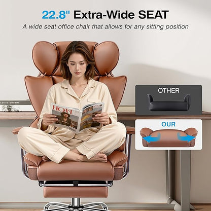 Office Chair Comfy, Big and Tall Executive Leather Chair, High Back Ergonomic Wide Chair with Footrest, Reclining Computer Desk Chair, Heavy Duty Gaming Chair with Padded Arm and Pillow, Brown