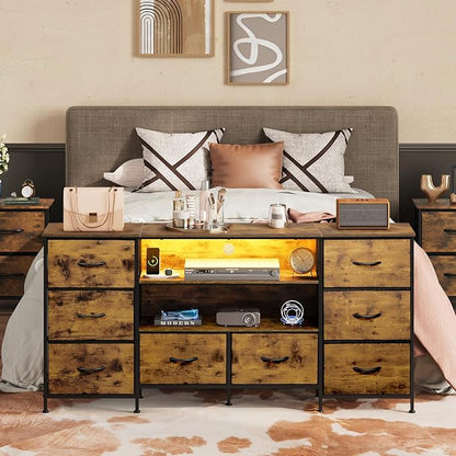 WLIVE TV Stand Dresser for 65,70 inch TV, Entertainment Center with LED Lights & 8 Long Fabric Drawers, Dresser TV Stand for Bedroom and Living Room, Rustic Brown