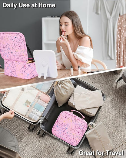 Relavel Travel Makeup Bag with LED Mirror, Portable Cosmetic Train Case with 3 Color Lighted Brightness Mirror, Makeup Artist Organizer Storage with Adjustable Dividers Make Up Box - Pink Geometric