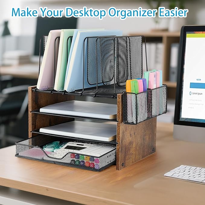OPNICE Wood Desk Organizers and Accessories, 4-Tier Workspace Desktop Paper Organizer with Drawer, 5 Vertical File Holders and Pen Holder for Office Supplies