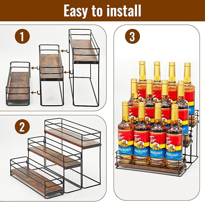 12 Bottle Coffee Syrup Organizer Rack, 3 Tier Coffee Syrup Bottle Stand Holder for Coffee Bar, Installation-free, Liquor Bottle Display Shelf, Coffee Syrup Shelf for Liquor Whiskey Wine Display