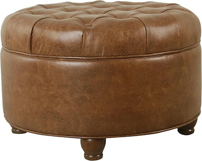 Homepop Home Decor | Button Tufted Faux Leather Round Storage Ottoman | Ottoman with Storage for Living Room & Bedroom (Brown)