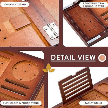 Premium Foldable Bamboo Bathtub Tray Caddy, Expandable Bath Caddy Tray with Holder, Brown Bath Shelf Over Tub, Spa Bathroom Accessories & Gifts for Home