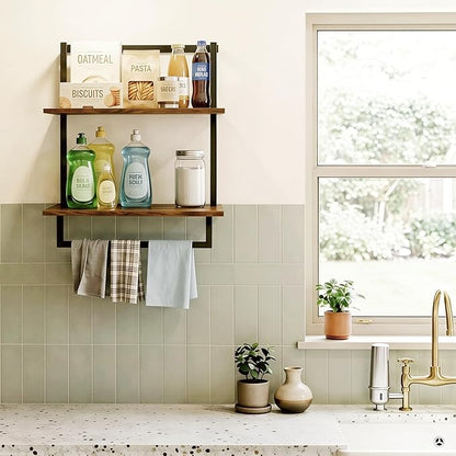 Wall Mounted Towel Rack for Bathroom, Bath Storage Holder 3-Tier Steel Wood Towel Shelf with Bar, Rustic Brown