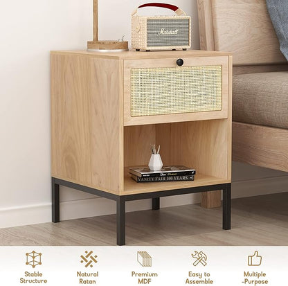 XIAO WEI Natural Rattan Nightstand Set of 2, Boho Night Stand with Drawer and Open Shelf, Bedside Table Accent Cane End Table Side Table for Bedroom Living Room, Metal Legs/Small/Natural