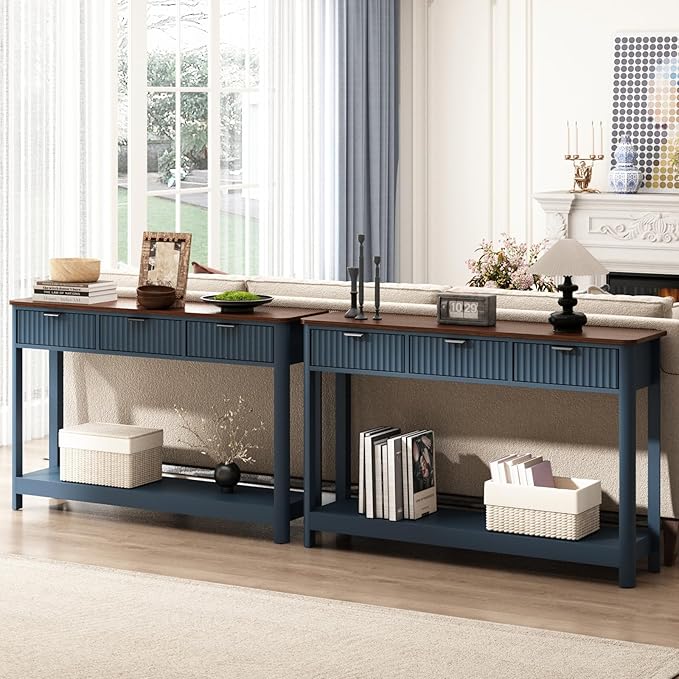 Fluted Console Table with Drawers, Modern 47.1" Entryway Table with Storage Shelf, Boho Narrow Skinny Behind Couch Wood Sofa Table for Living Room Hallway Entrance Foyer, Blue
