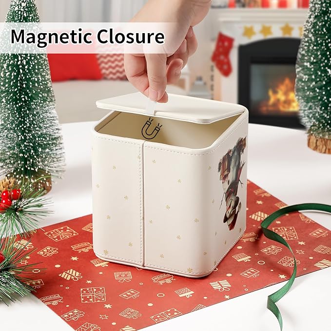 MEIBOOCH PU Leather Tissue Box Cover with Magnetic Closure, Square Tissue Box Holder with Rounded Edges Design (Snowman, Square)