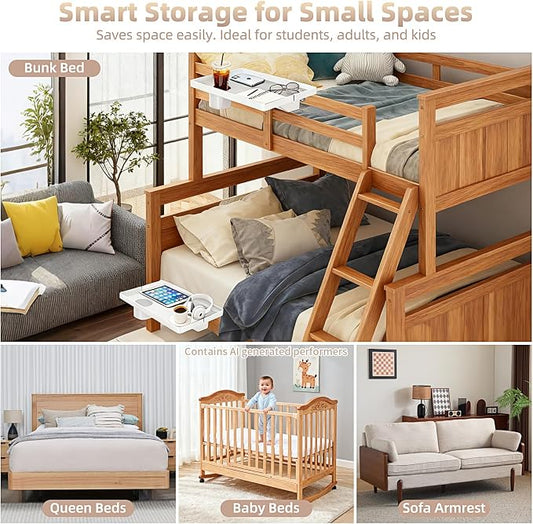 Bedside Shelf Dorm Bunk Bed, Bedside Caddy Shelf Dorm Bed, No Drill College Nightstand Organizer for Personal Items Books Glasses Apartment Bedroom Compact Space Solution Large+White