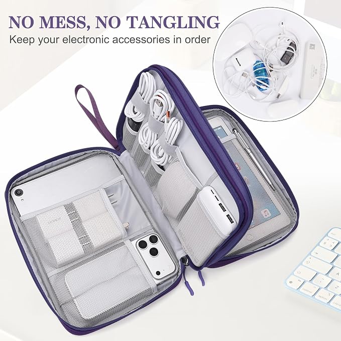 FYY Electronic Organizer, Extra Large Travel Cable Organizer Bag Pouch Portable Waterproof Double Layers All-in-One Storage Bag for iPad, Cable, Power Bank, Laptop Charger for Office/Home, Purple