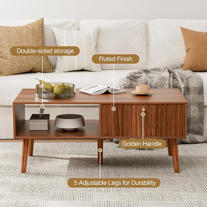 LCRBOL Coffee Table with Storage, Mid Century Dining Table with Fluted Drawer and Solid Wood Legs, Small Coffee Tables for Living Room, Walnut