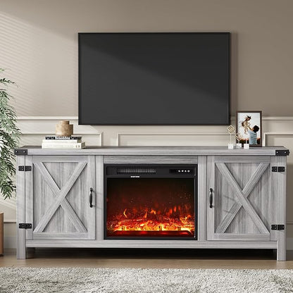 YESHOMY Fireplace TV Stand with Two Barn Doors and Storage Cabinets for Televisions up to 65+ Inch, Entertainment Center Console Table, Media Furniture for Living Room, 58 Inch, Gray