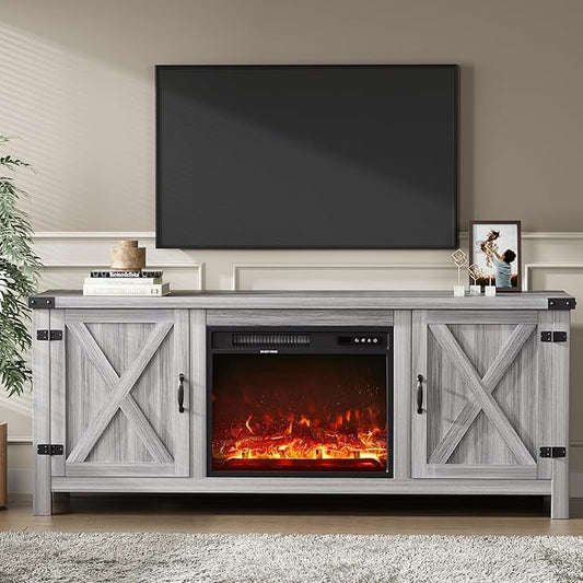YESHOMY Fireplace TV Stand with Two Barn Doors and Storage Cabinets for Televisions up to 65+ Inch, Entertainment Center Console Table, Media Furniture for Living Room, 58 Inch, Gray