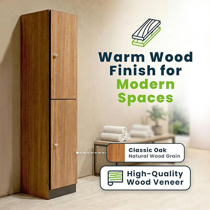 Alpine 2 Door Wooden Locker Cabinet - 72" Expandable Commercial Storage Lockers for Gym, Spa, Office & Golf Club - Includes Metal Base & Lock-Ready Handle, Single Column 2 Tier - Oak