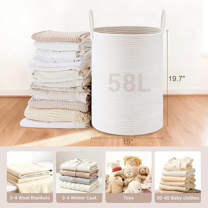 Tall Laundry Basket with Handles, 58L Portable Dirty Clothes Hamper, Boho Cotton Rope Storage Bin for Blankets Kids Toys Gifts, Decorative Organizer for Baby Nursery Bedroom Bathroom, White