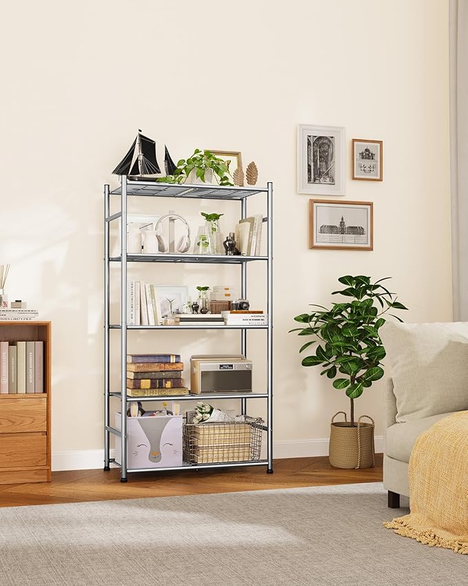 Sakugi Storage Shelves - 5-Tier Metal Storage Shelves with Wall Anchoring Kit & Leveling Feet, Sturdy Steel Shelf Organizer for Kitchen, Laundry Room, Bathroom, 23.6" x 13.7" x 59", Silver